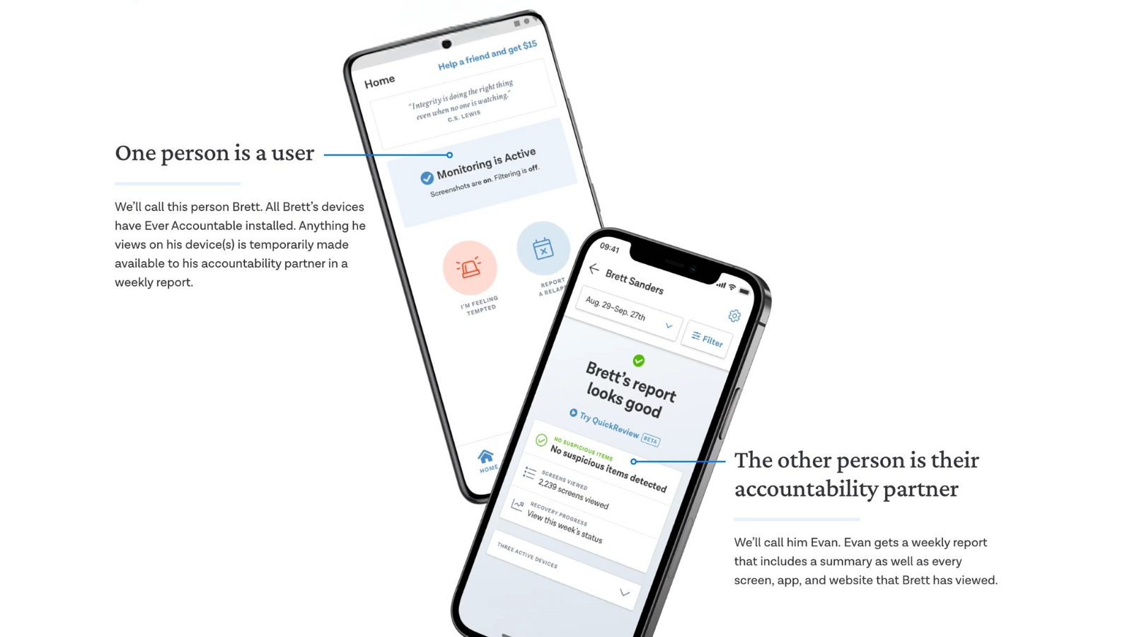 Ever Accountable accountability partnership diagram showing user and partner phones